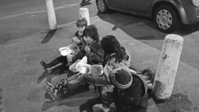 children at chip shop